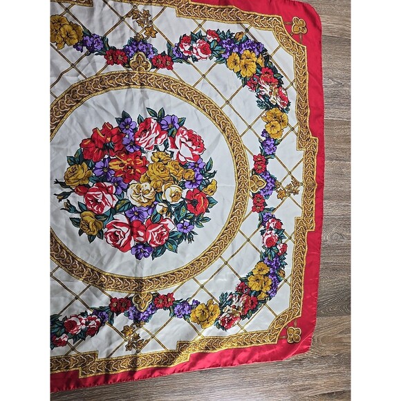 Vintage Chart Club Rolled Hem Silk Square Scarf Gold Red Floral Scroll Classic - Picture 4 of 8